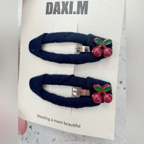 2pcs Black Felt Hair Clips with Cherry Charms - Picture 2 of 2